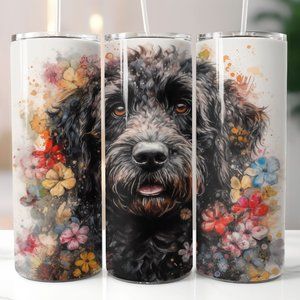 Black Labradoodle Dog with Flowers 20oz Stainless Steel‎ Tumbler with Straw